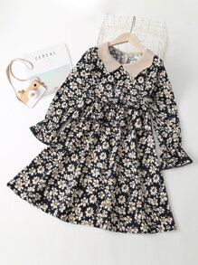女孩滿版印花拼接領荷葉袖荷葉邊燈芯絨連衣裙 - 彩色 - 查看 1