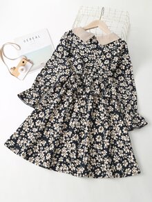 女孩滿版印花拼接領荷葉袖荷葉邊燈芯絨連衣裙 - 彩色 - 查看 2