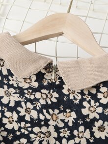 女孩滿版印花拼接領荷葉袖荷葉邊燈芯絨連衣裙 - 彩色 - 查看 3