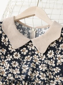 女孩滿版印花拼接領荷葉袖荷葉邊燈芯絨連衣裙 - 彩色 - 查看 5