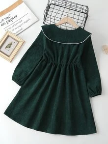 女孩拼接滾邊彼得潘領燈芯絨連衣裙 - 墨綠色 - 查看 2