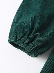 女孩拼接滾邊彼得潘領燈芯絨連衣裙 - 墨綠色 - 查看 3