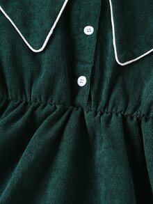 女孩拼接滾邊彼得潘領燈芯絨連衣裙 - 墨綠色 - 查看 5