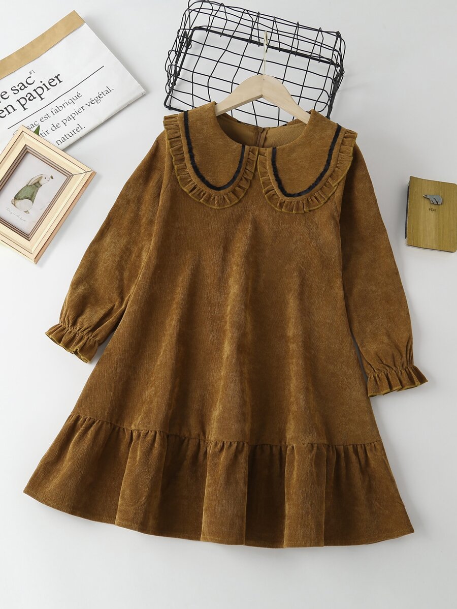 女孩褶邊彼得潘領荷葉袖荷葉邊連衣裙 - 棕色 - 查看 1