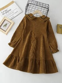 女孩褶邊彼得潘領荷葉袖荷葉邊連衣裙 - 棕色 - 查看 2