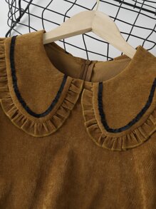 女孩褶邊彼得潘領荷葉袖荷葉邊連衣裙 - 棕色 - 查看 5