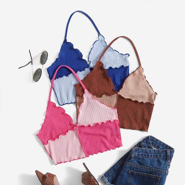 

3pcs Patchwork Lettuce Trim Halter Crop Top, Multicolor