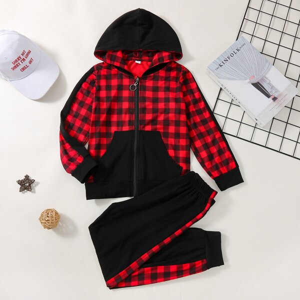 

Girls Gingham Panel Zip Up Hoodie & Sweatpants, Multicolor