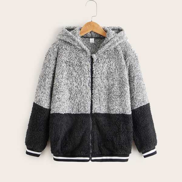 

Boys Two Tone Striped Trim Zipper Hooded Flannel Jacket, Multicolor