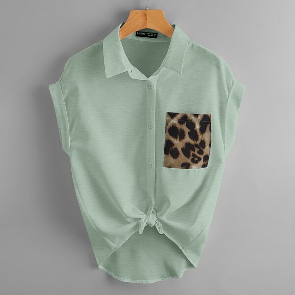 

Rolled Cuff Leopard Patch Pocket Blouse, Mint green