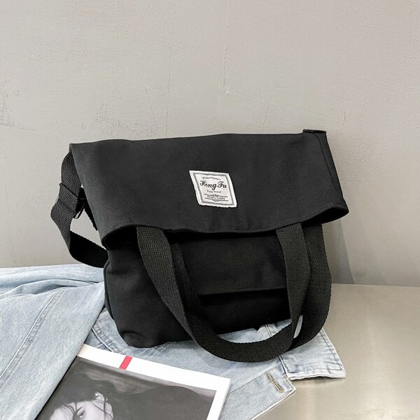 

Letter Patch Large Capacity Shoulder Tote Bag, Black