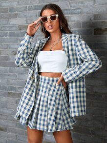 SHEIN 西裝領格子呢圖案西裝外套和百褶半身裙 - 彩色 - 查看 1