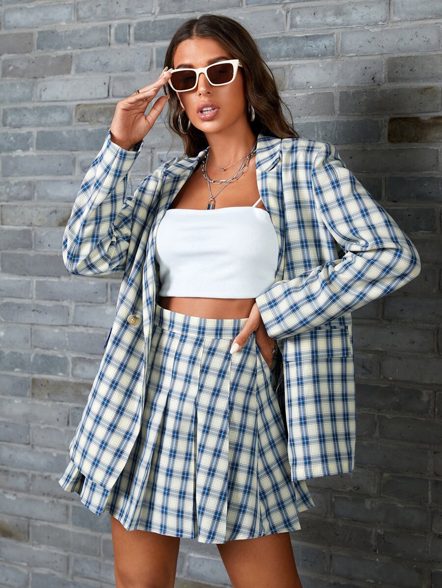 SHEIN 西裝領格子呢圖案西裝外套和百褶半身裙 - 彩色 - 查看 1