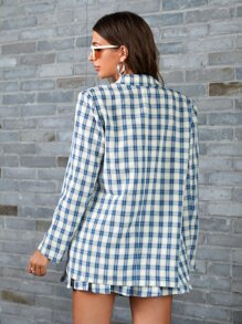 SHEIN 西裝領格子呢圖案西裝外套和百褶半身裙 - 彩色 - 查看 2