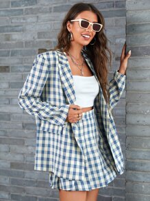 SHEIN 西裝領格子呢圖案西裝外套和百褶半身裙 - 彩色 - 查看 5