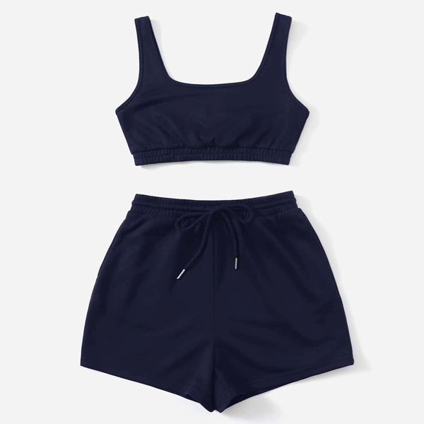 

Solid Crop Tank Top & Track Shorts Set, Navy blue