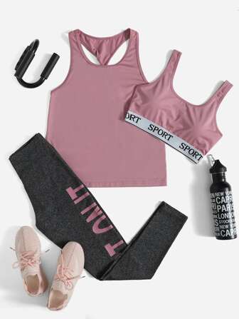 طقم لباس رياضي بشريط وبجرافيك عبارة 3 قطع