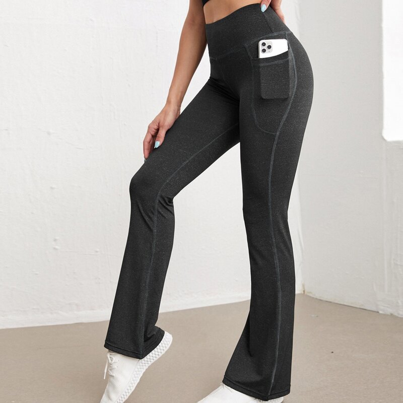 

Wide Waistband Phone Pocket Flare Leg Sports Pants, Dark grey