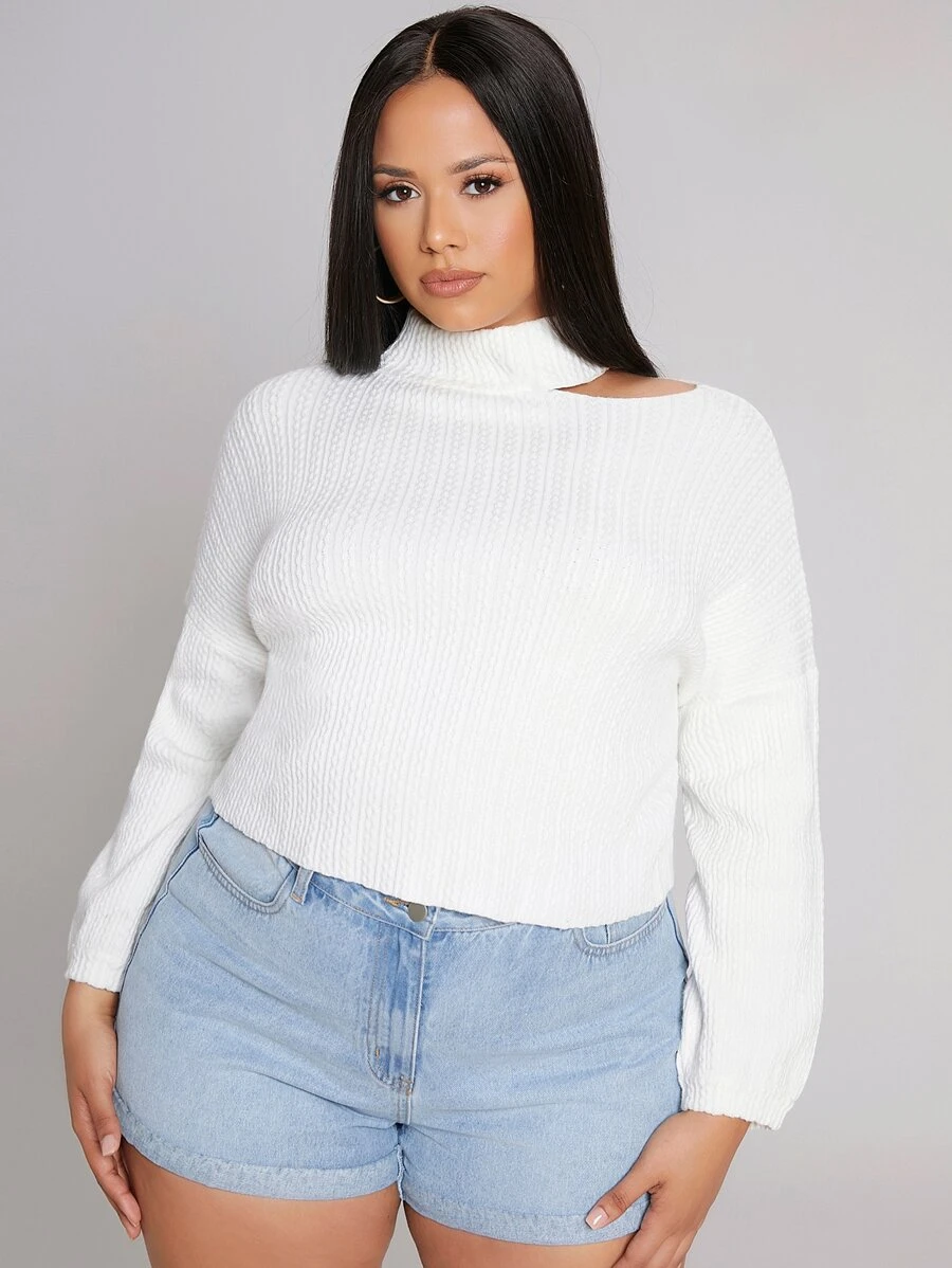 Mulvari Áo len Plus Size Cắt ra màu trơn Giải trí - trắng - Xem 1