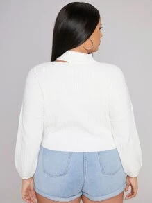 Mulvari Áo len Plus Size Cắt ra màu trơn Giải trí - trắng - Xem 2
