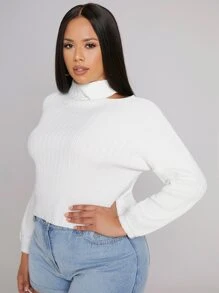 Mulvari Áo len Plus Size Cắt ra màu trơn Giải trí - trắng - Xem 5
