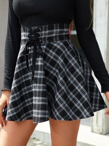 SHEIN EZwear 格子呢圖案前繫帶傘狀短裙 - 黑與白 - 查看 3