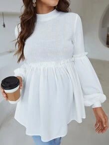 SHEIN Áo thun Bà bầu viền lá sen Viên lá sen Gân đan màu trơn Dễ thương - trắng - Xem 1