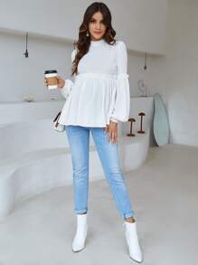 SHEIN Áo thun Bà bầu viền lá sen Viên lá sen Gân đan màu trơn Dễ thương - trắng - Xem 3