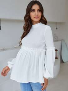 SHEIN Áo thun Bà bầu viền lá sen Viên lá sen Gân đan màu trơn Dễ thương - trắng - Xem 4