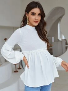 SHEIN Áo thun Bà bầu viền lá sen Viên lá sen Gân đan màu trơn Dễ thương - trắng - Xem 5