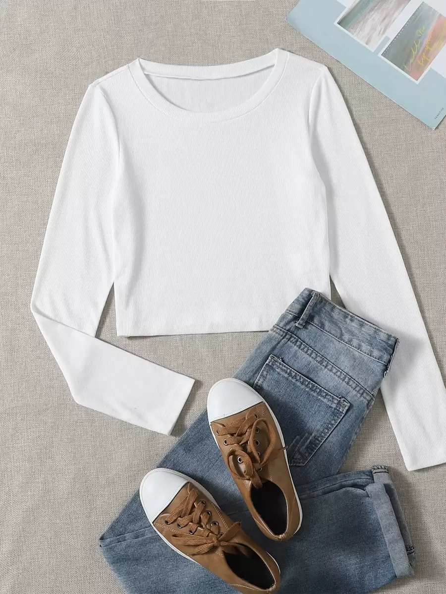 RueChic Camiseta tejida de canalé unicolor de cuello redondo - Blanco - Ver 1