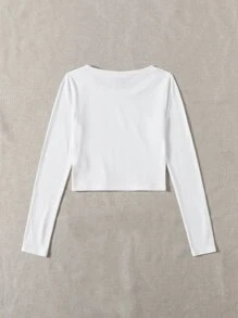 RueChic Camiseta tejida de canalé unicolor de cuello redondo - Blanco - Ver 2