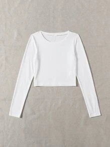 RueChic Camiseta tejida de canalé unicolor de cuello redondo - Blanco - Ver 3