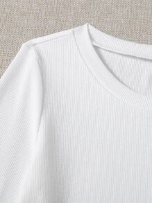 RueChic Camiseta tejida de canalé unicolor de cuello redondo - Blanco - Ver 4