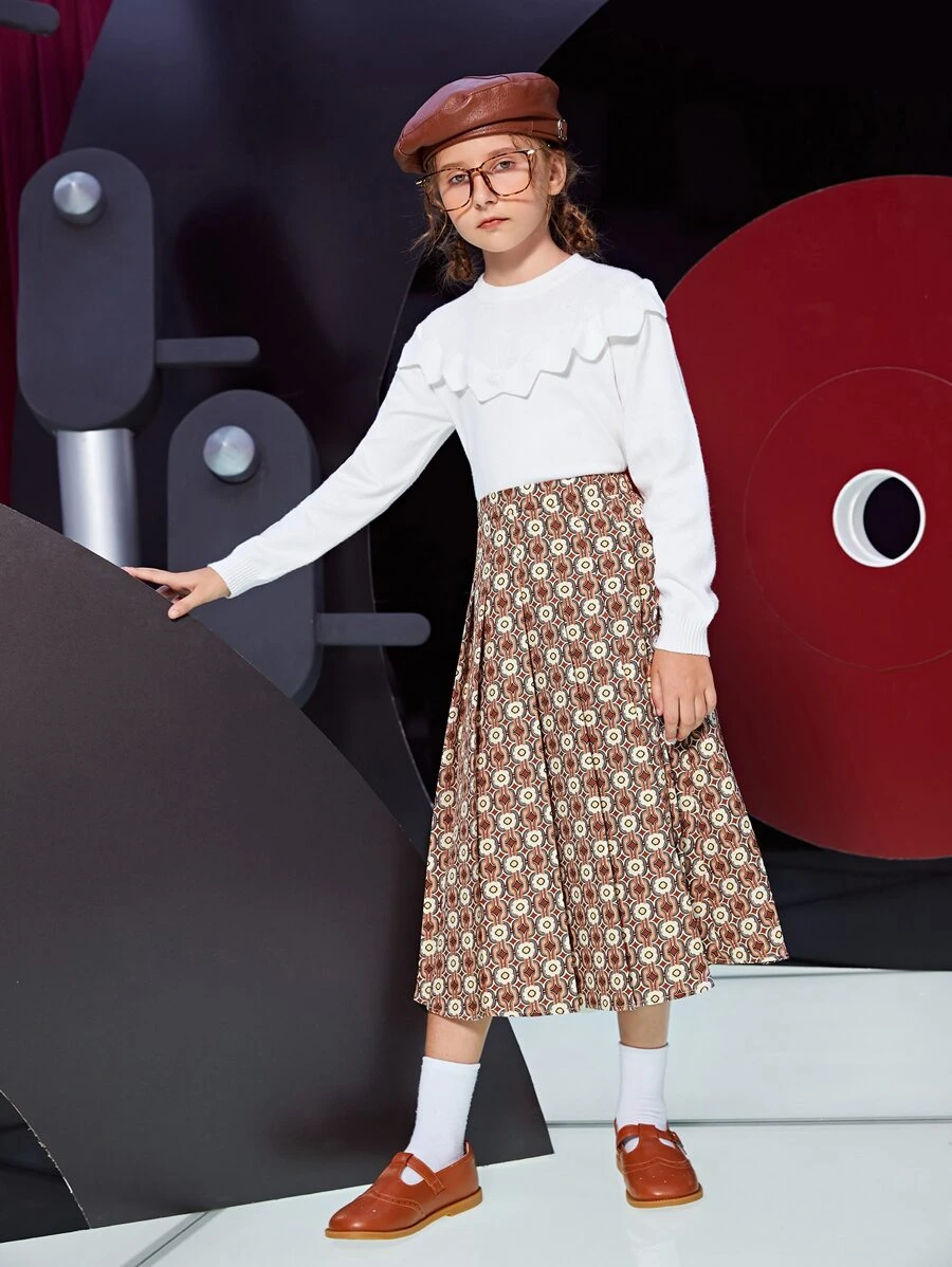 SHEIN Girls Geo Print Skirt - Brown - View 1