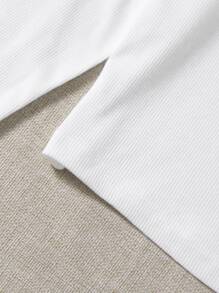 RueChic Camiseta tejida de canalé unicolor de cuello redondo - Blanco - Ver 5