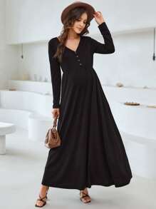 SHEIN Maternity V Neck Single Breasted Dress - Black - View 1