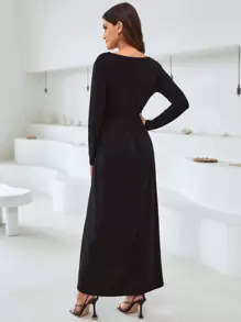 SHEIN Maternity V Neck Single Breasted Dress - Black - View 2