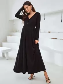 SHEIN Maternity V Neck Single Breasted Dress - Black - View 3