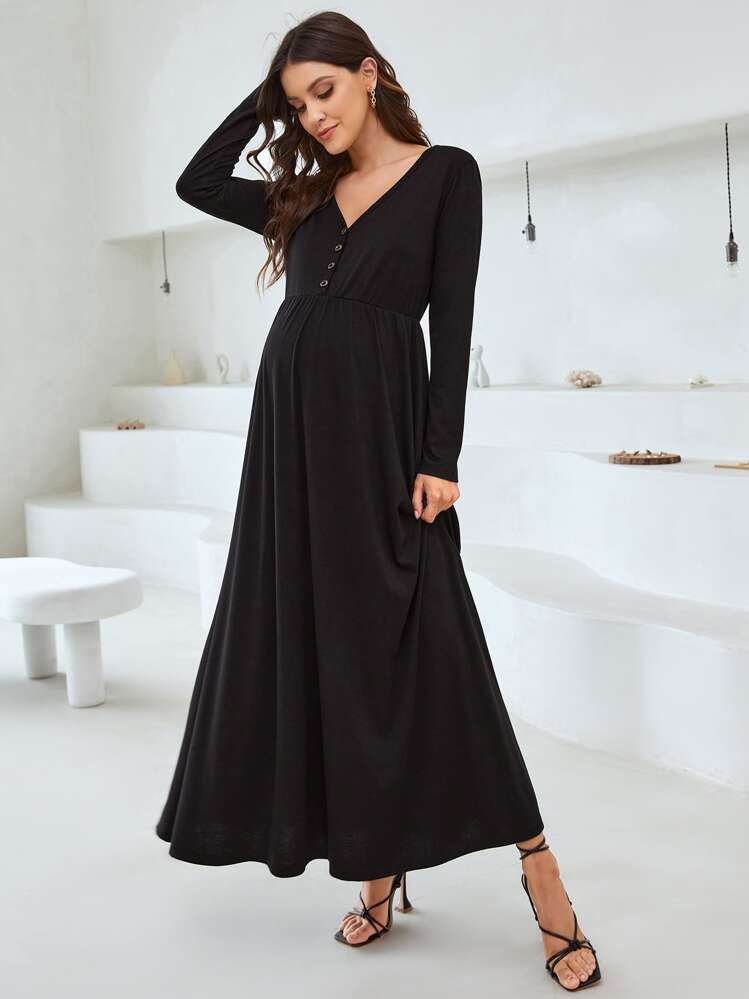 SHEIN Maternity V Neck Single Breasted Dress - Black - View 3