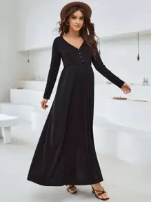 SHEIN Maternity V Neck Single Breasted Dress - Black - View 4