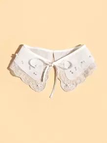 White Handmade Diy Elegant Faux Pearl & Embroidery & Lace Detachable Collar,School Valentine's Day Valentines - White - View 2