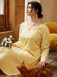 SHEIN Unity 大碼雙色格子V領三角布下擺連衣裙 - 黃色 - 查看 5