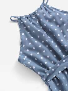 SHEIN 女孩波卡圓點褶邊腰帶連衣裙 - 霧霾藍 - 查看 3