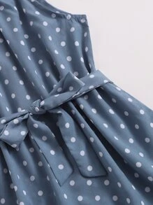 SHEIN 女孩波卡圓點褶邊腰帶連衣裙 - 霧霾藍 - 查看 4