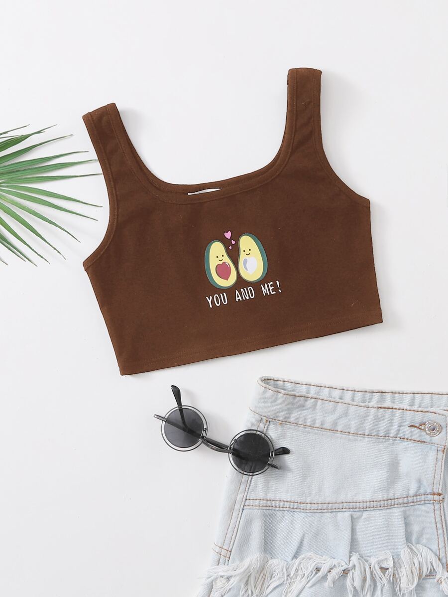 SHEIN Girls Cartoon & Letter Graphic Crop Tank Top - Brown - View 1