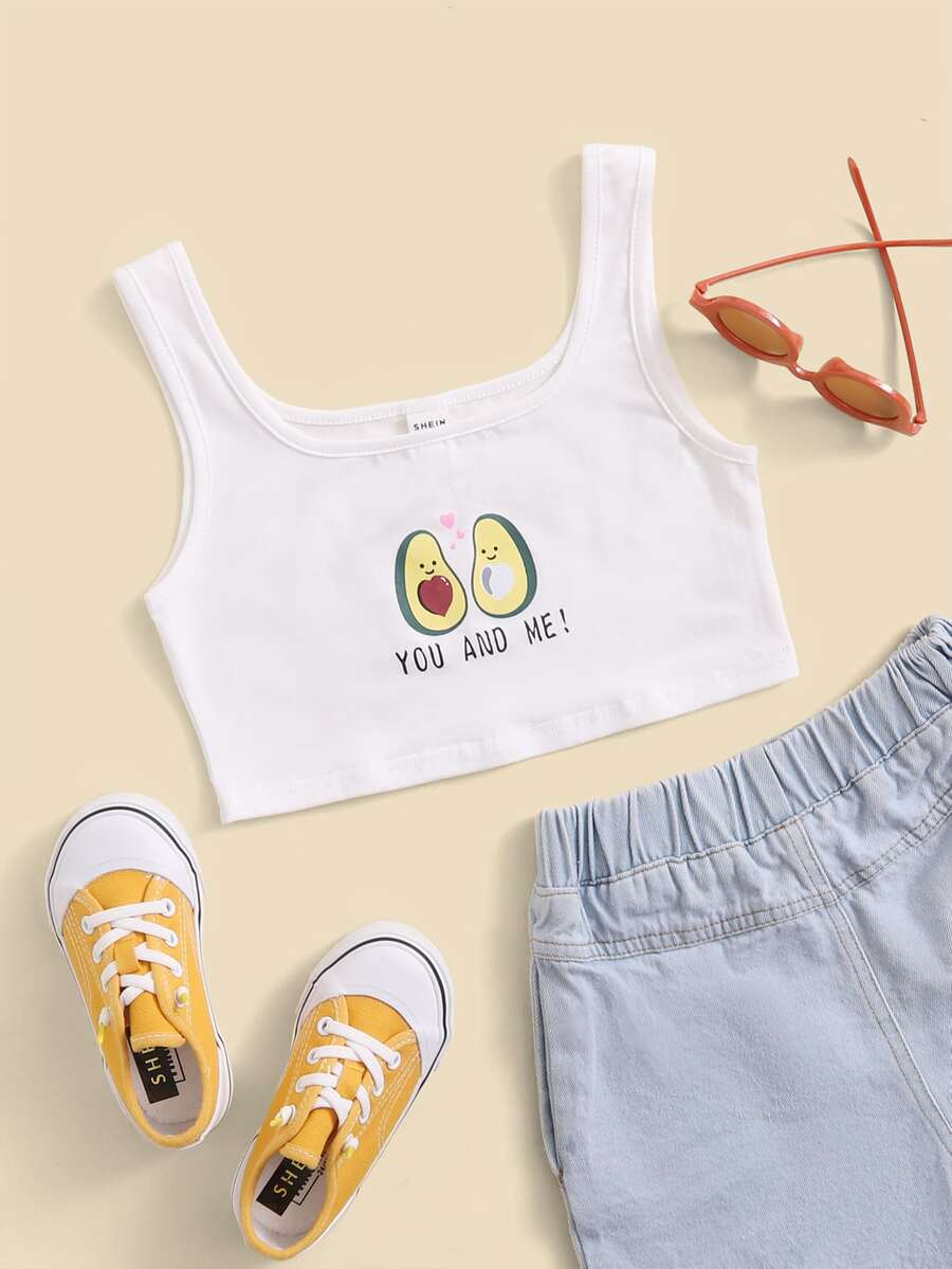 SHEIN Girls Cartoon & Letter Graphic Crop Tank Top - White - View 1