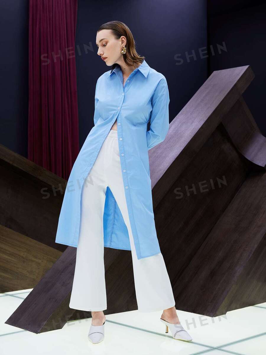 SHEIN Unity Camisa con botón delantero fruncido - Celeste - Ver 1