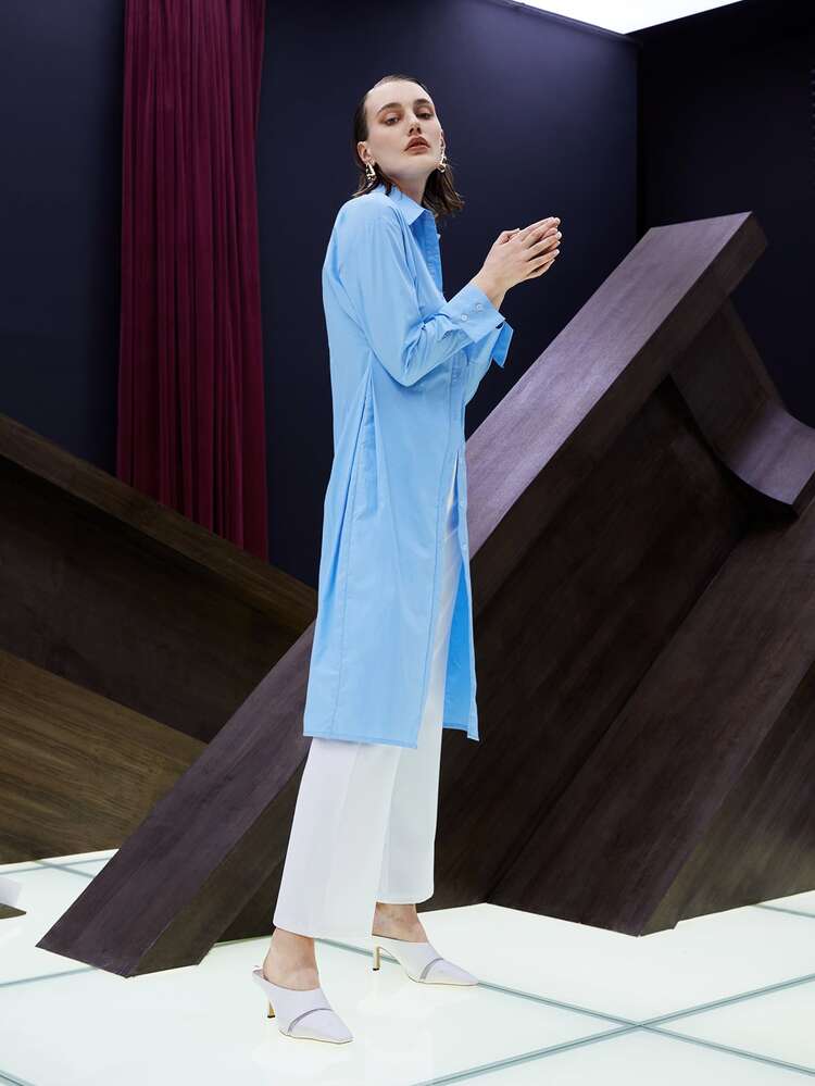 SHEIN Unity 前紐扣褶邊襯衫 - 淺藍色 - 查看 6