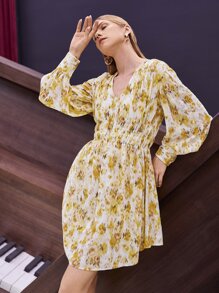 SHEIN VCAY Tie Dye Lantern Sleeve Shirred Waist Dress - Multicolor - View 2